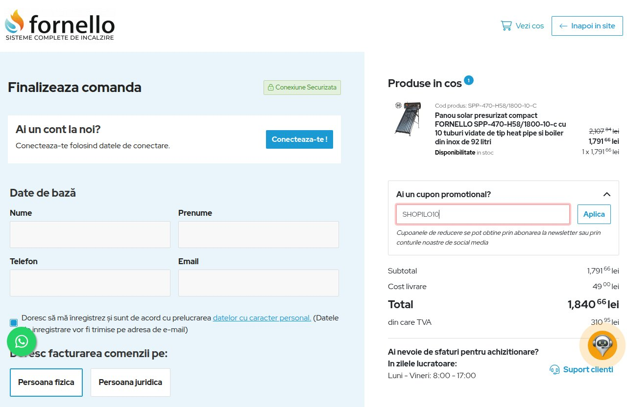 Unde introduci codul de reducere pe site-ul Fornello