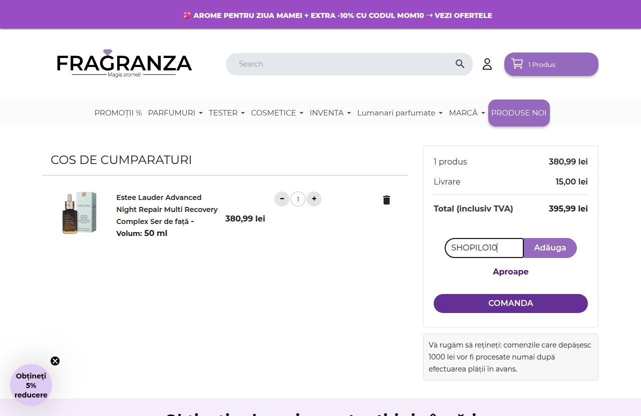 Unde introduci codul de reducere pe site-ul Fragranza