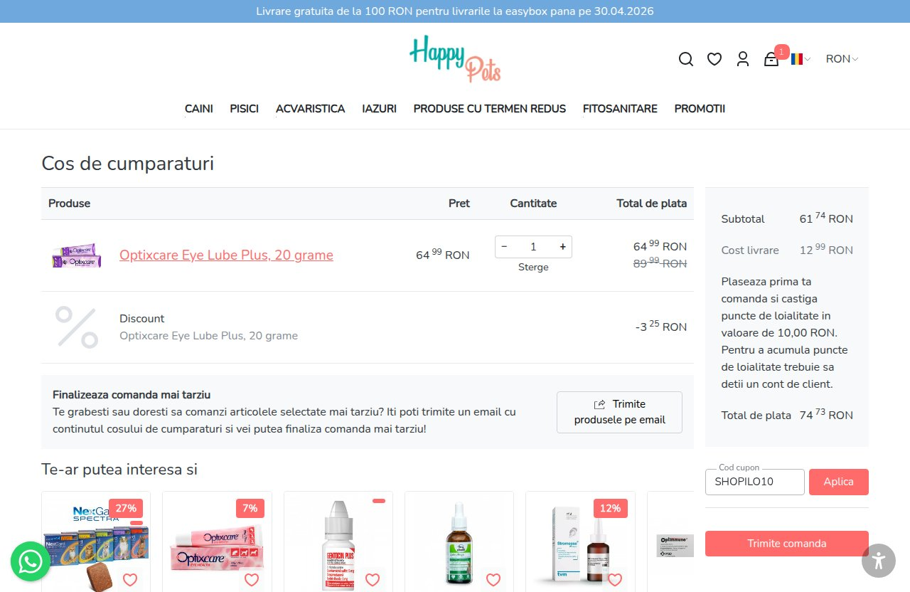 Unde introduci codul de reducere pe site-ul Happy Pets