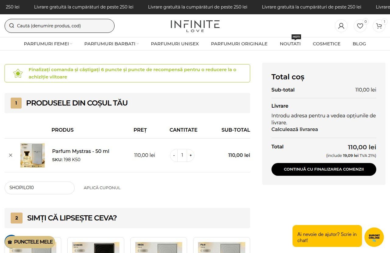 Unde introduci codul de reducere pe site-ul Infinite Love