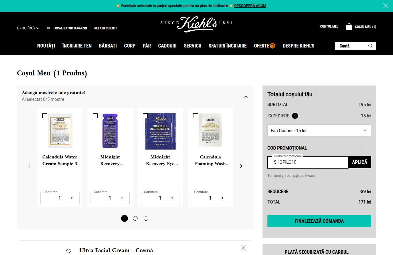 Unde introduci codul de reducere pe site-ul Kiehl's
