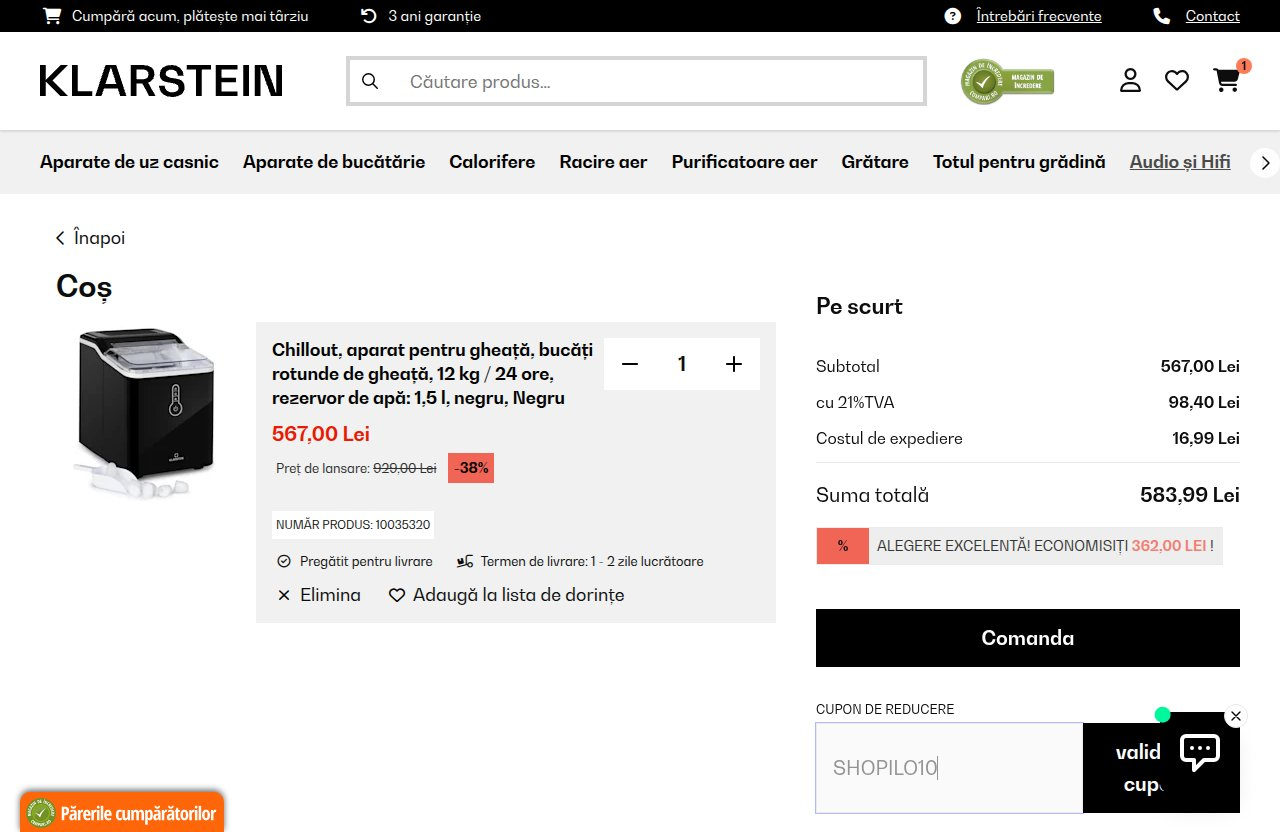 Unde introduci codul de reducere pe site-ul Klarstein