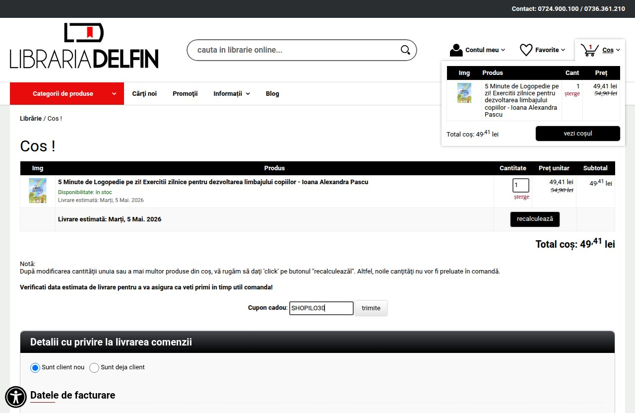 Unde introduci codul de reducere pe site-ul Libraria Delfin