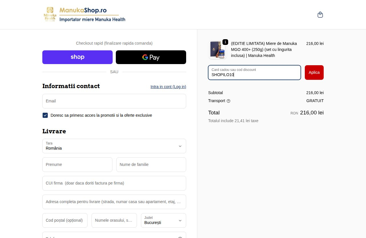 Unde introduci codul de reducere pe site-ul ManukaShop.ro