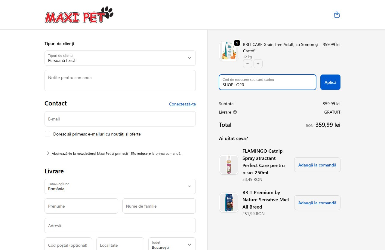 Unde introduci codul de reducere pe site-ul Maxi-Pet