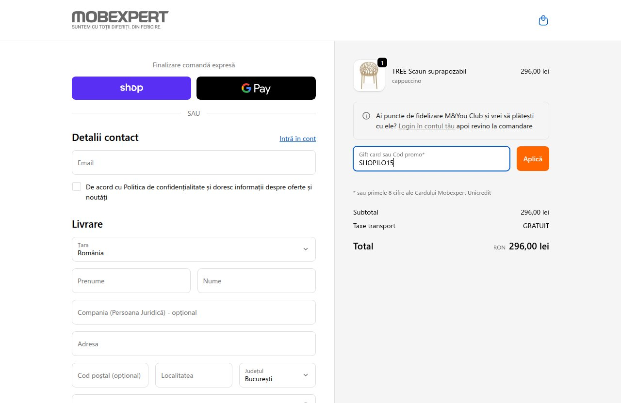 Unde introduci codul de reducere pe site-ul Mobexpert