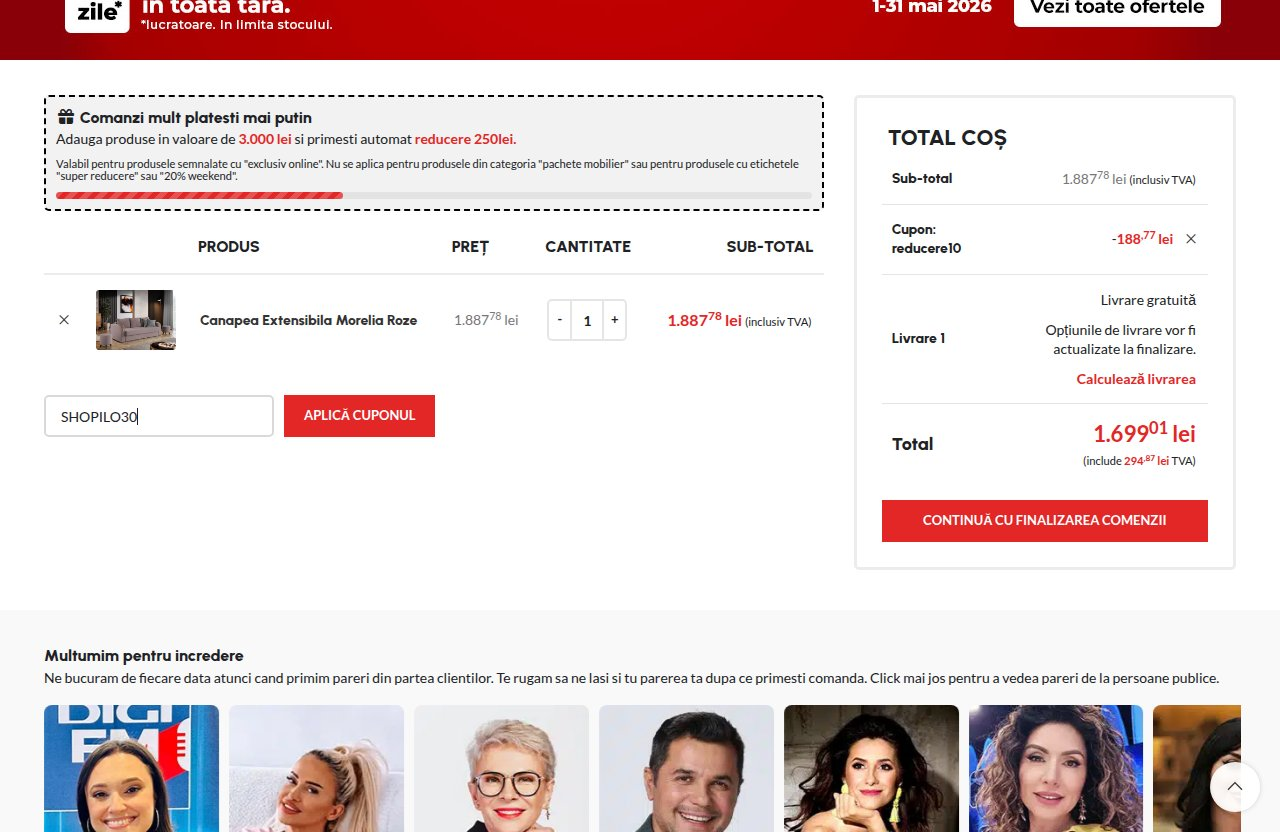 Unde introduci codul de reducere pe site-ul Mobila Laguna