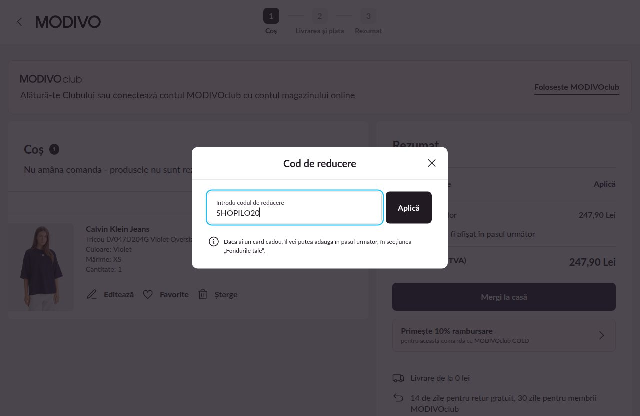 Unde introduci codul de reducere pe site-ul Modivo