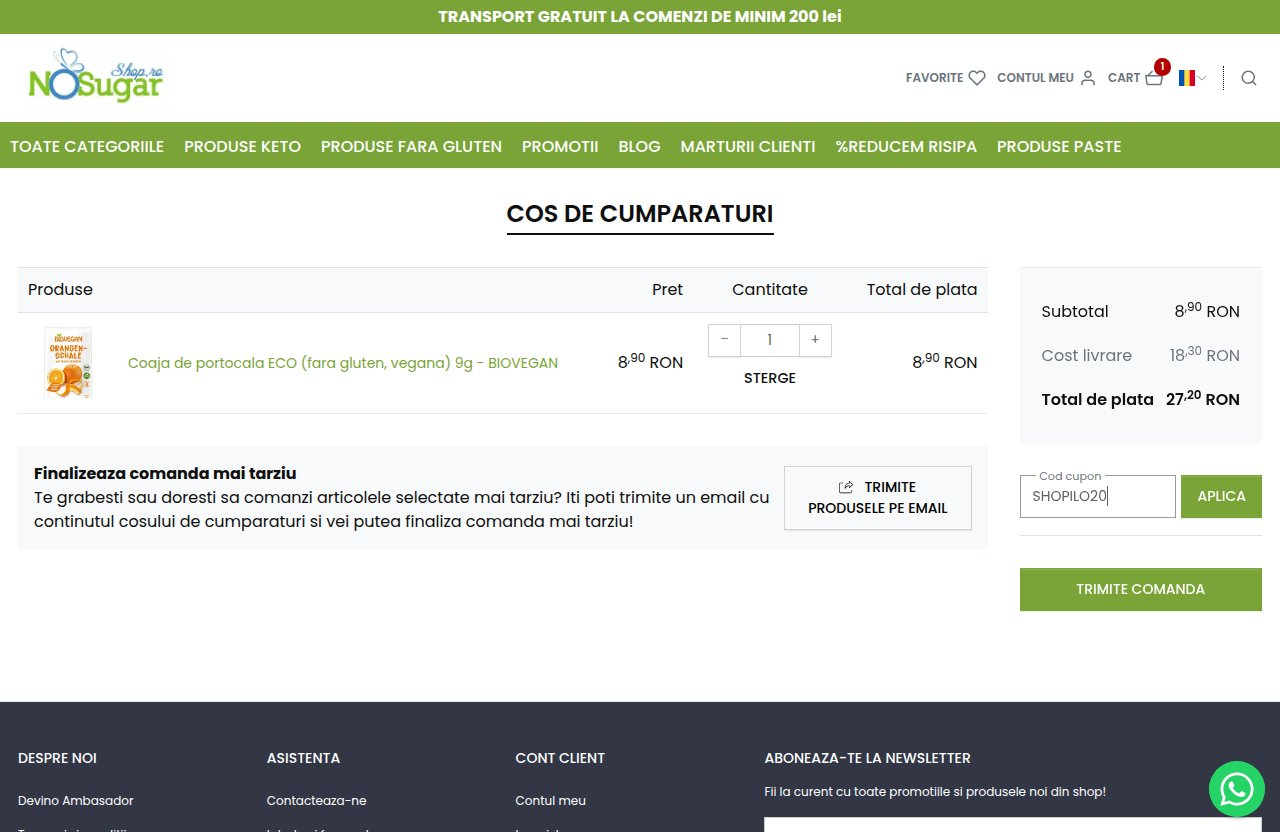 Unde introduci codul de reducere pe site-ul NoSugarShop.ro