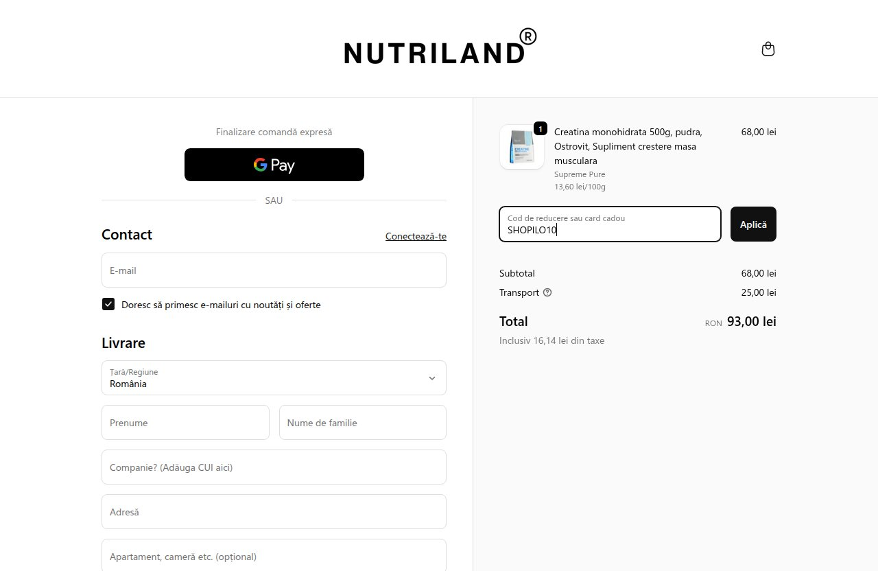 Unde introduci codul de reducere pe site-ul Nutriland