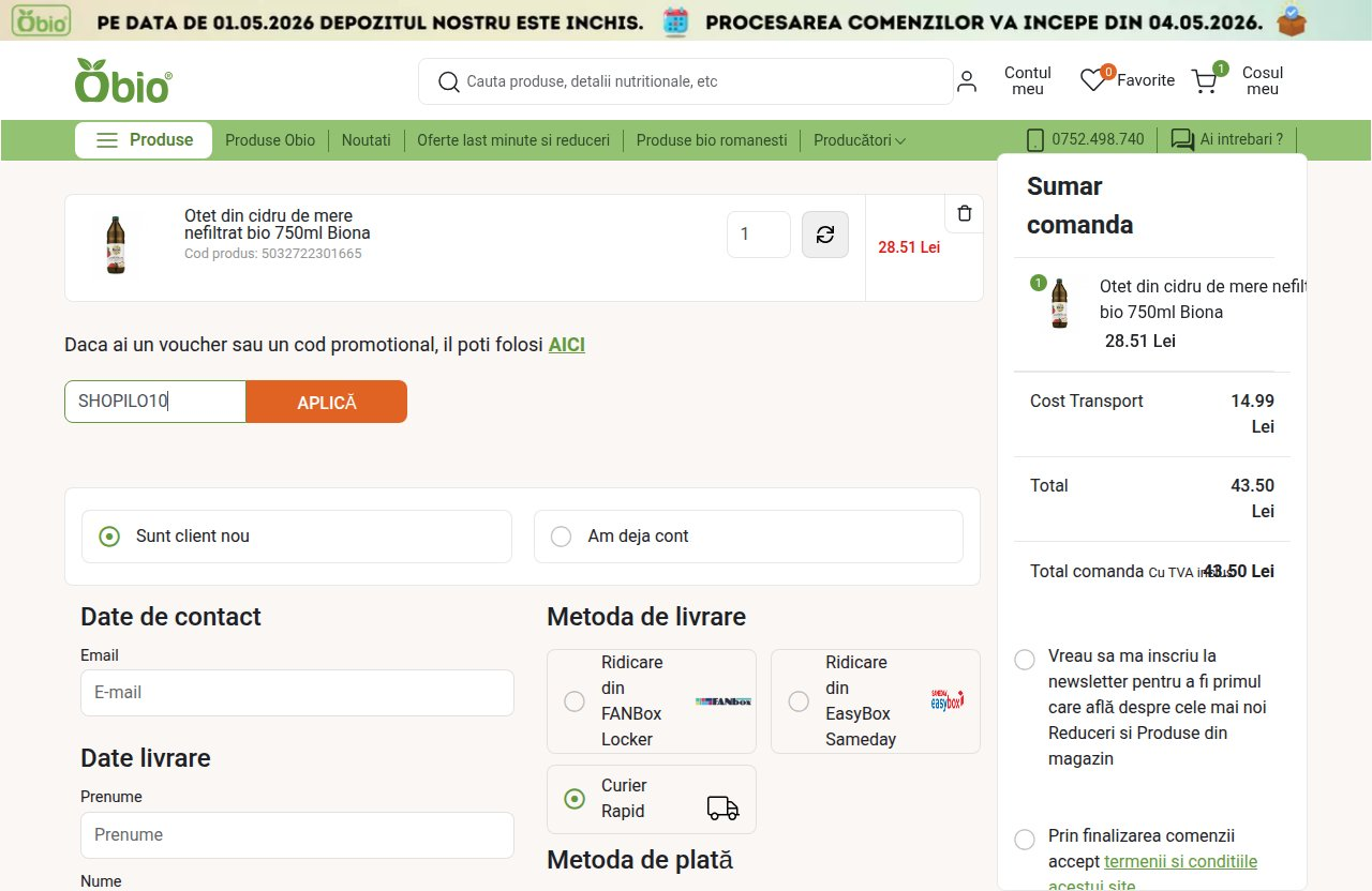 Unde introduci codul de reducere pe site-ul Obio