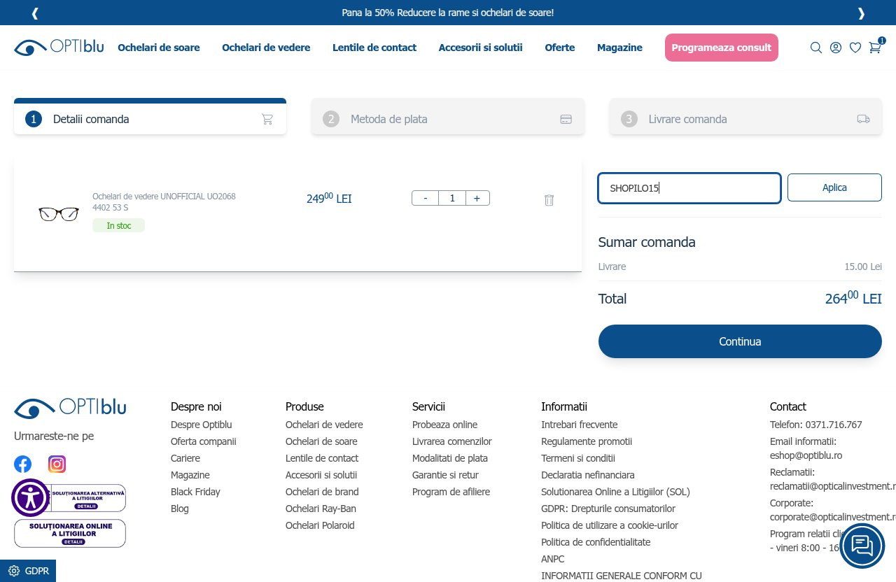 Unde introduci codul de reducere pe site-ul OPTIblu