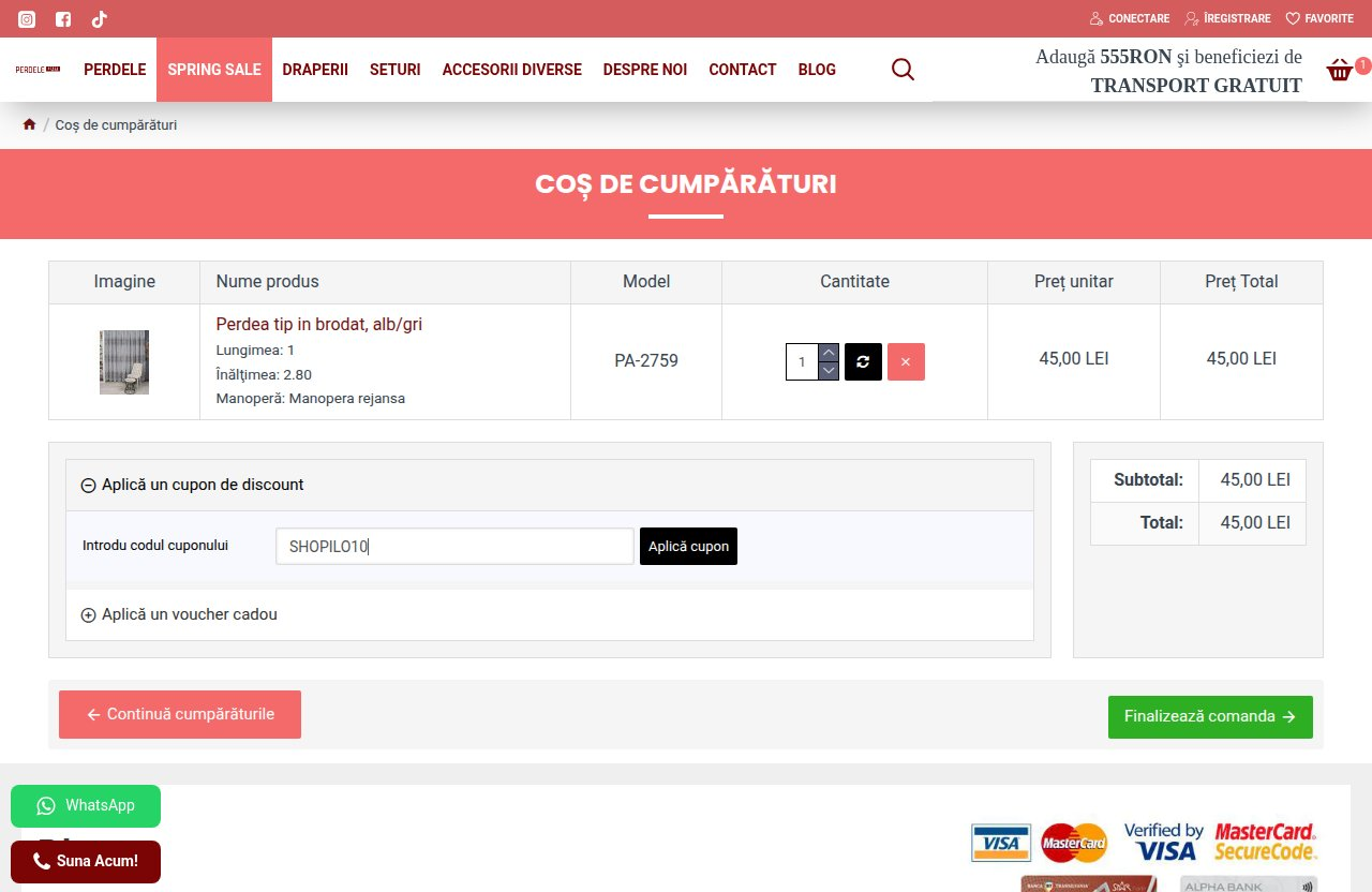 Unde introduci codul de reducere pe site-ul Perdele Acasa