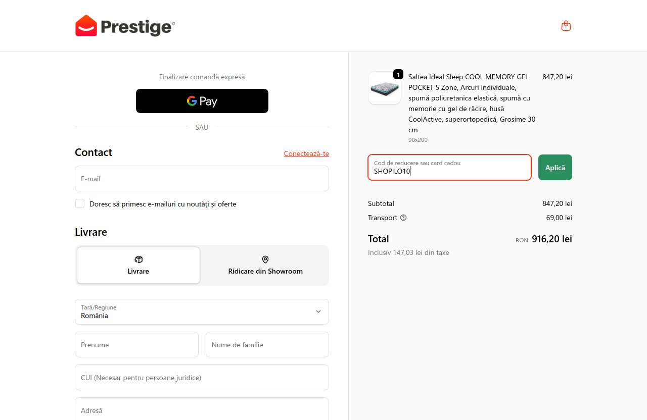 Unde introduci codul de reducere pe site-ul Prestige Home