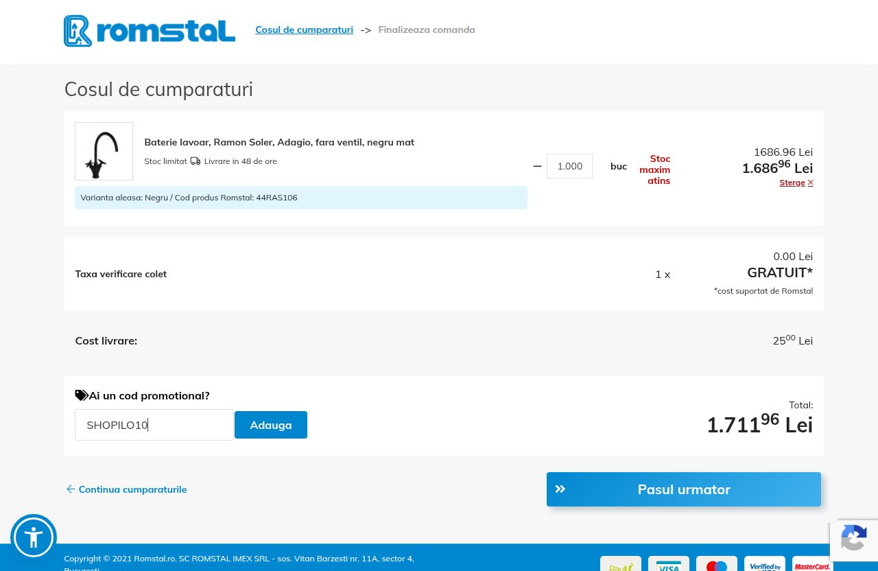 Unde introduci codul de reducere pe site-ul Romstal