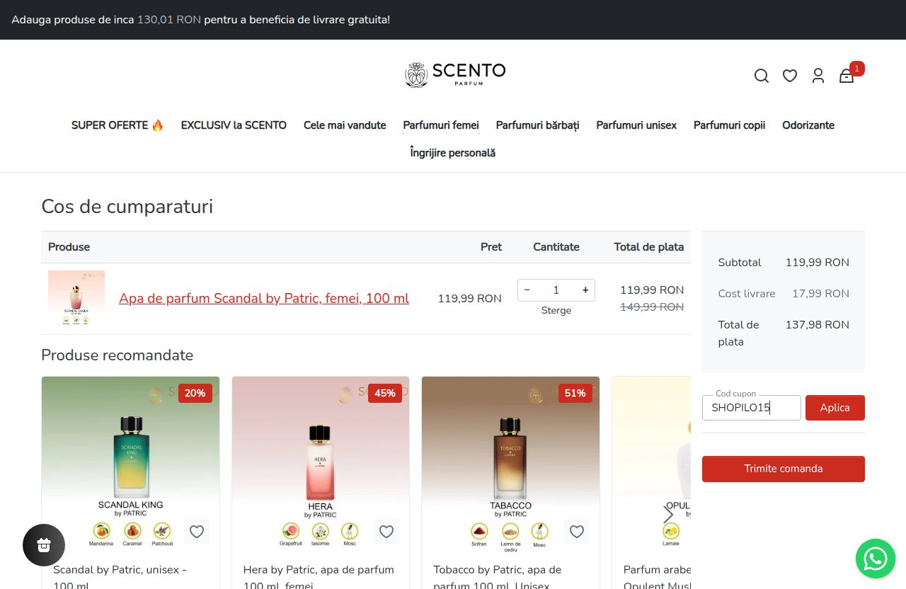Unde introduci codul de reducere pe site-ul Scento Parfum