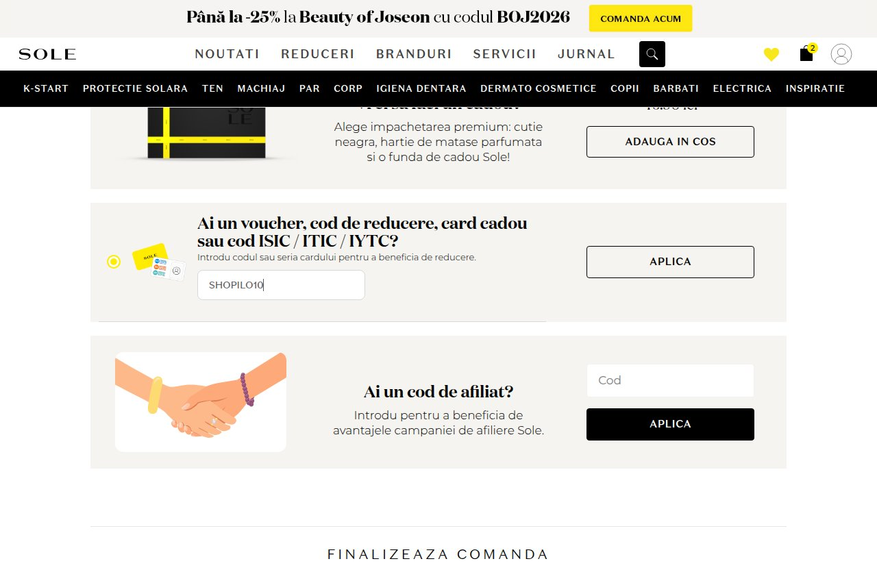 Unde introduci codul de reducere pe site-ul Sole