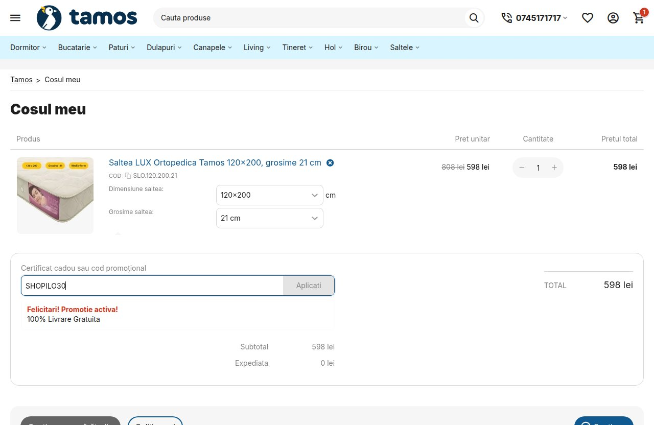 Unde introduci codul de reducere pe site-ul Tamos