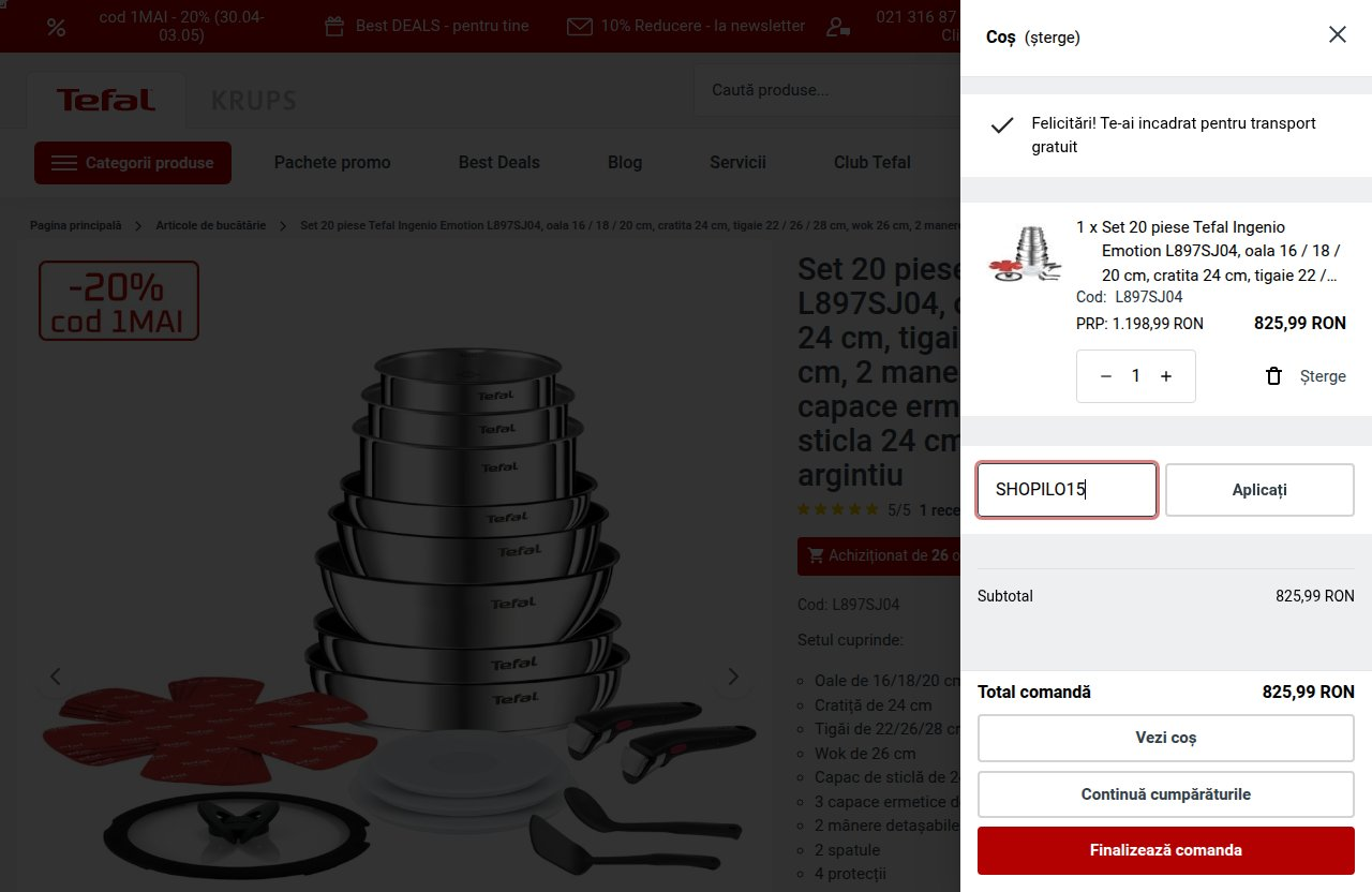 Unde introduci codul de reducere pe site-ul Tefal