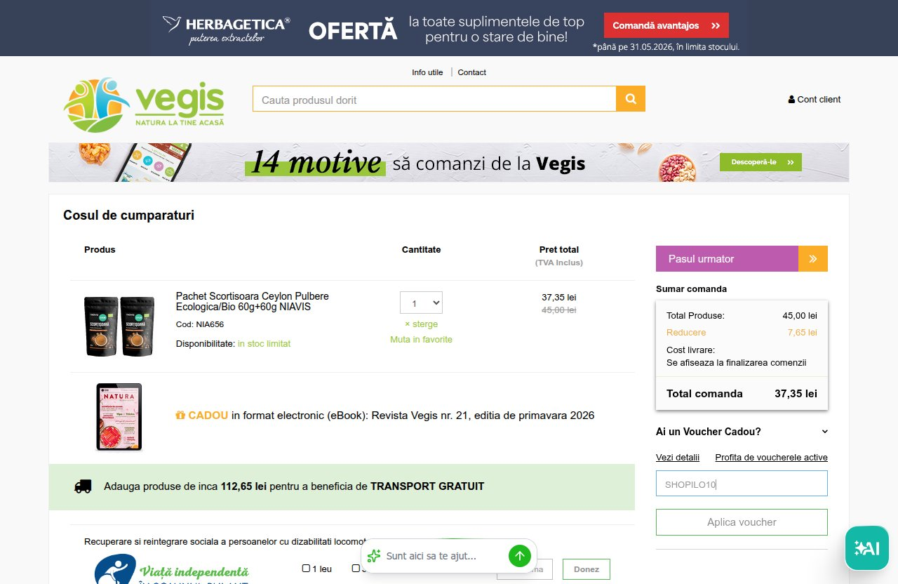 Unde introduci codul de reducere pe site-ul Vegis
