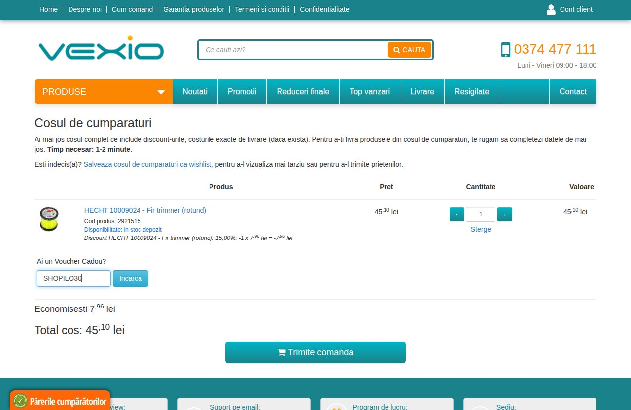 Unde introduci codul de reducere pe site-ul Vexio